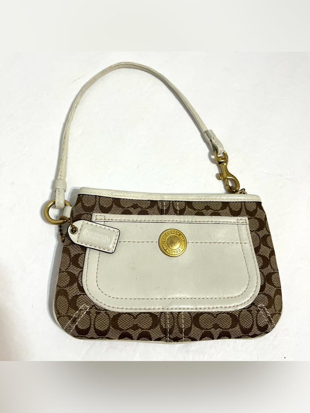 Coach Brown Signature Canvas Wristlet Off White Leather Trim Gold-tone hardware